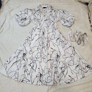 Tahari White Black Print Puff Sleeve Maxi Dress Small Artsy Maximalist Feminine